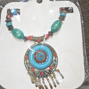 VTGE 90s Boho Tibetan-Style Statement Necklace Turquoise Coral Tone Pendant, NEW